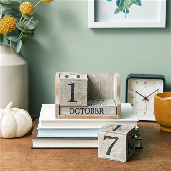 Wooden Perpetual Block Calendar for Desk, Wood Month Date Display Blocks - Picture 2 of 6